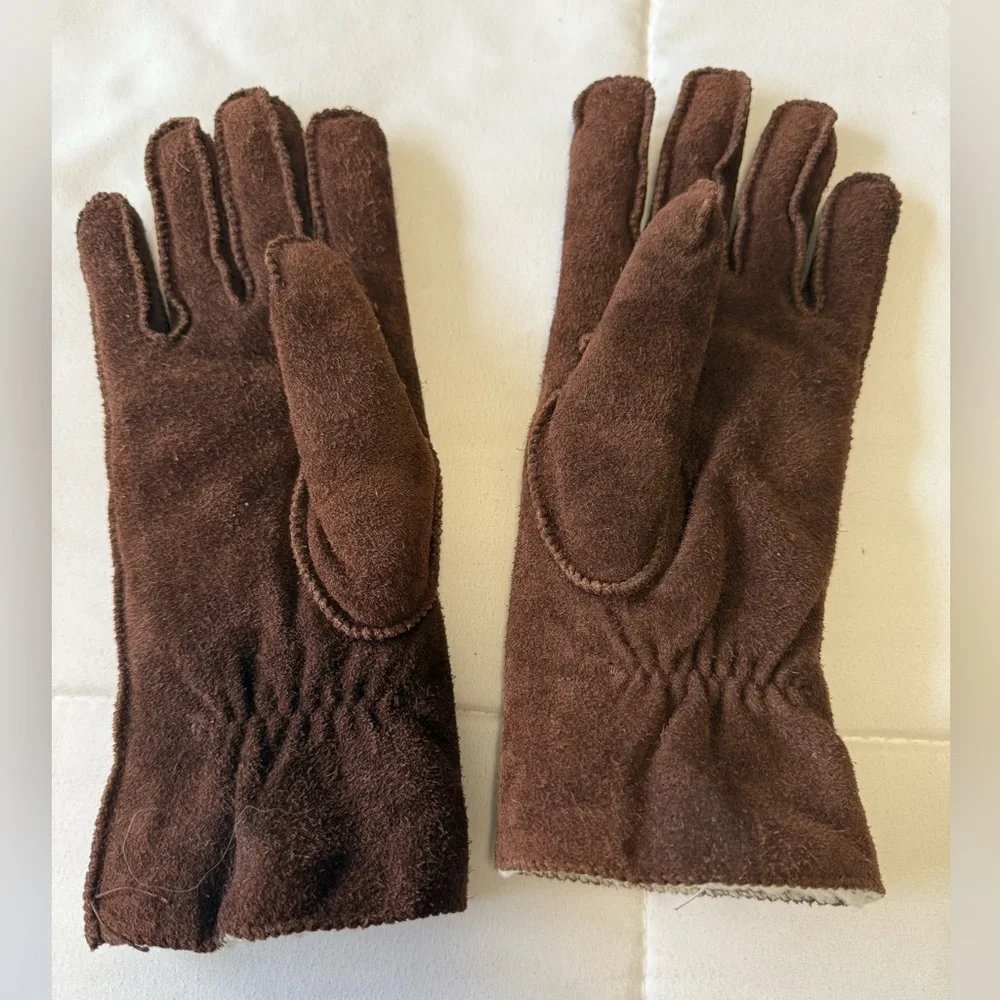 Brown genuine leather Suede Women's Gloves w/ shearling lining. S 6-6.5